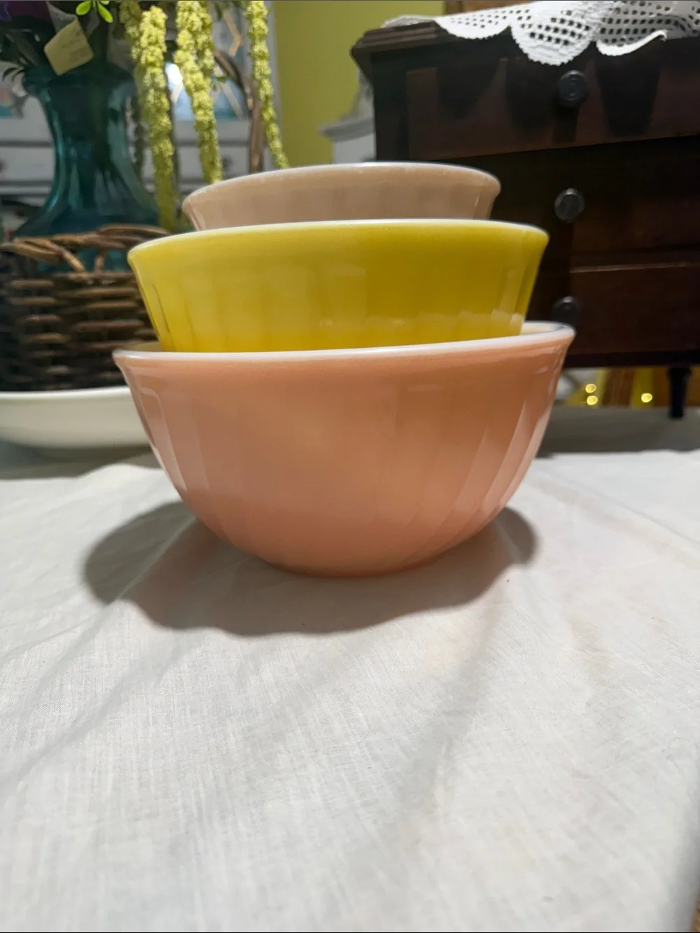 Coming soon, stores near you! Fire King Rainbow swirl mixing bowl set!